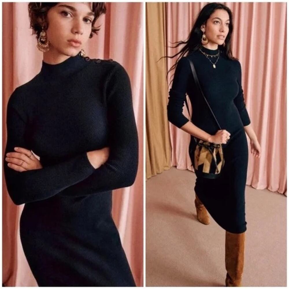 Sezane Valia Dress Women's Small Navy Ribbed Knit Full Length